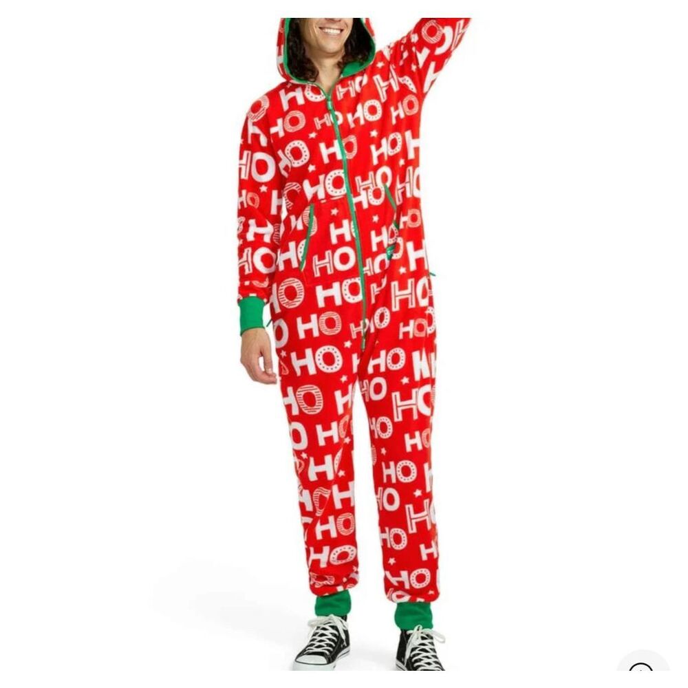 Tipsy Elves $80 unisex Ho Ho Ho Full Zip Holiday Fleece pajamas one piece Red Sm - Picture 1 of 9